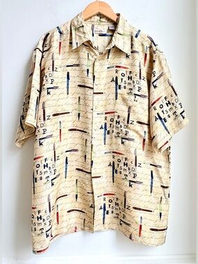VTG Burma Bibas 100% Silk Novelty Print Colorful PENS Unique Men’s Shirt SIZE L